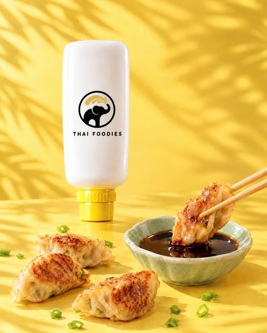 A Thai Foodies bottle next to dumplings and a dish of soy sauce