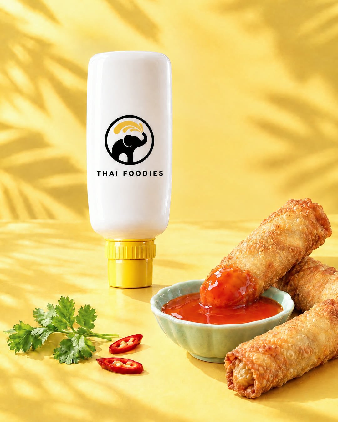 A Thai Foodies bottle next to crispy egg rolls, one dipped in a dish of red-orange sweet and sour sauce