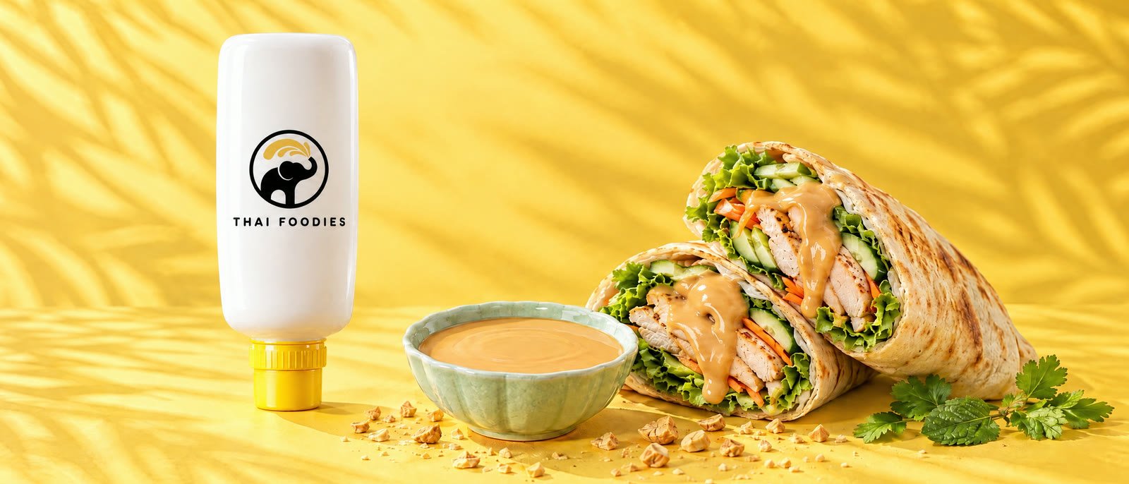 Thai Foodies peanut sauce drizzled into a grilled chicken pita wrap